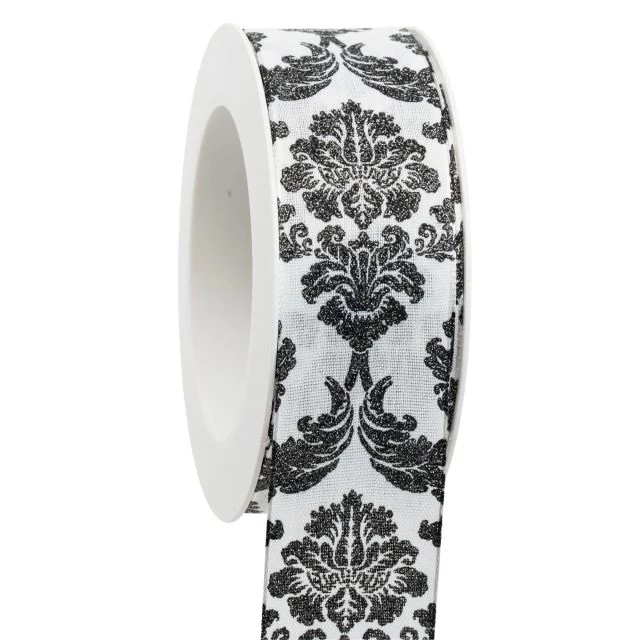 Barokk mintás szalag, textil, 40 mm x 18 m, fehér és fekete