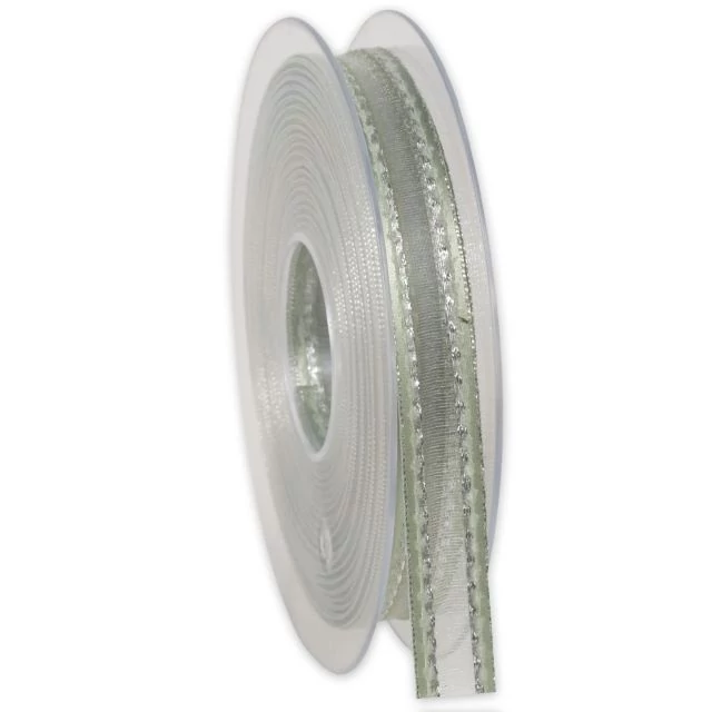 Organza szalag, textil, 15 mm x 20 m, zöld és ezüst