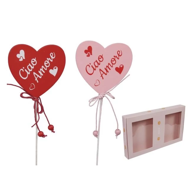 Szív „Ciao Amore” felirattal fa betűzős piros, rózsaszín 7×6,5 cm (12 db)