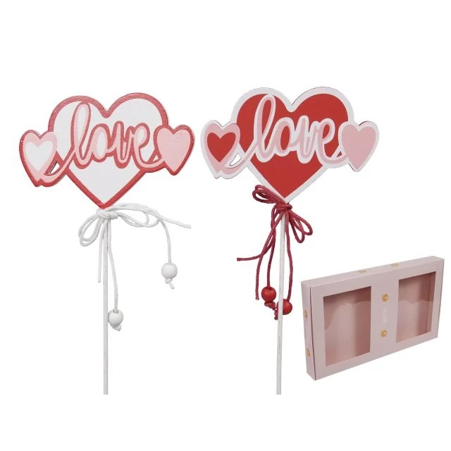 Szív „Love” felirattal fa betűzős piros, rózsaszín 8×5,5 cm (12 db)