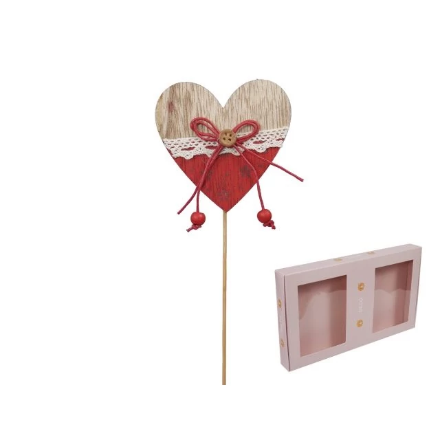 Szív masnival fa betűzős natúr, piros 7,5×7 cm (12 db)