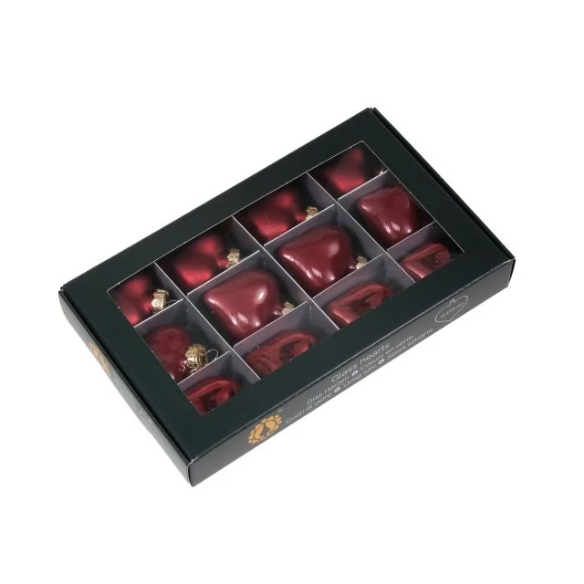 Üveg szív, 4 cm, ruby, 12 db