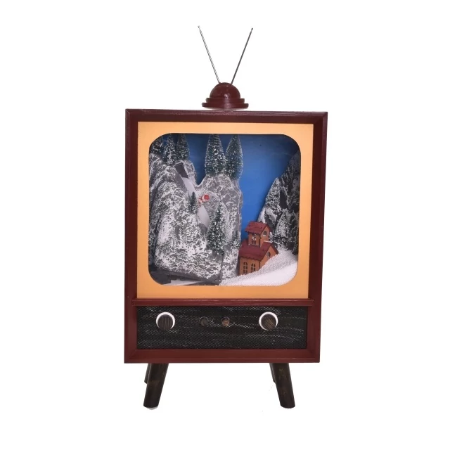Világító, havazó, zenélő TV, elektromos, fa, mahagóni, 37x21x59 cm