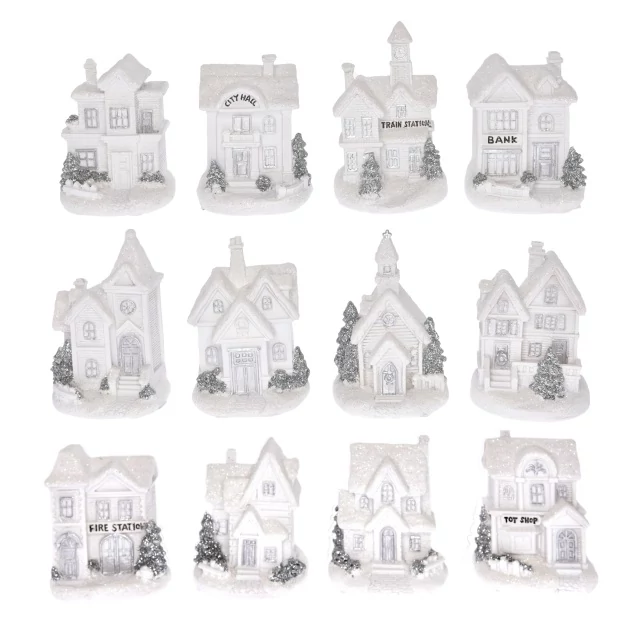 Téli házikó LED-es, elemes, poly, 7x6x10 cm, fehér, ezüst, 12 féle