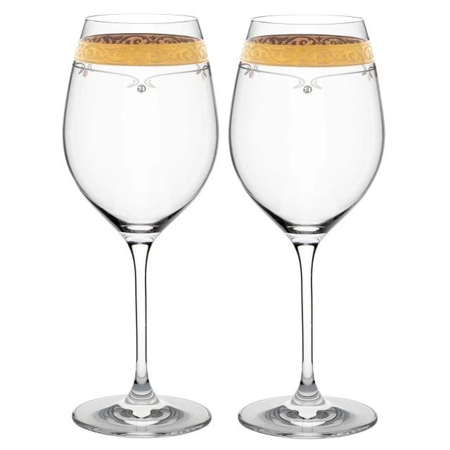 Üveg pohár arany szegéllyel, swarovski dísszel bor 470ml átlátszó 2 db