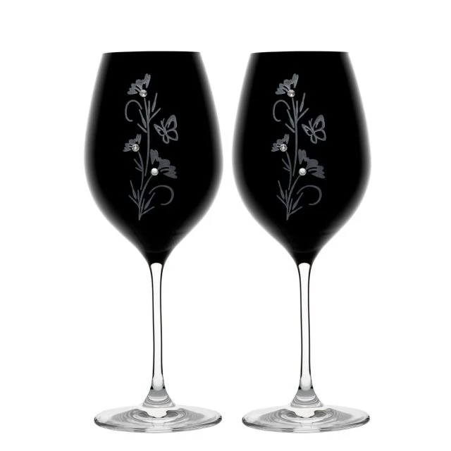 Üveg pohár virág mintával, swarovski dísszel bor 470ml fekete 2 db
