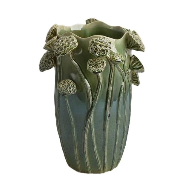 Váza kerámia 3D lótusz mintával türkizkék, zöld 32×31,5×43 cm
