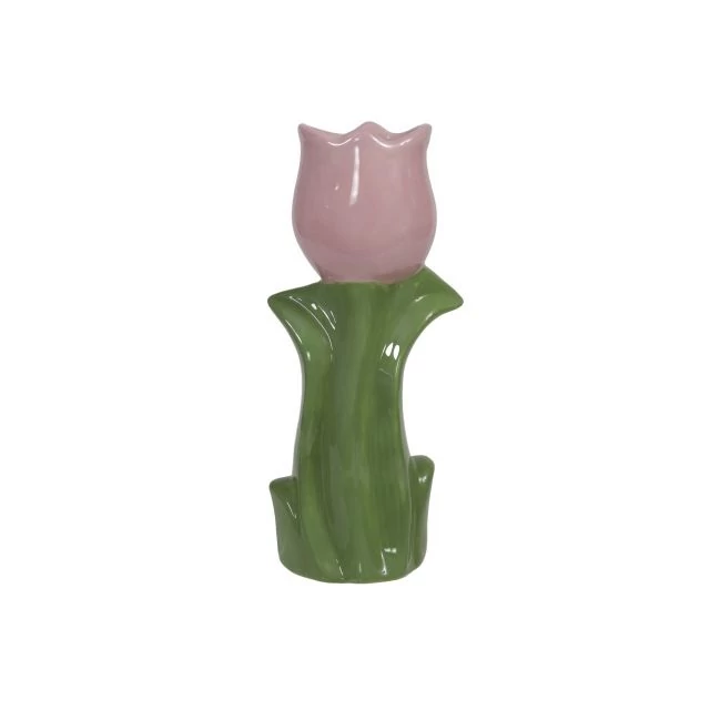 Kerámia váza tulipán forma rózsaszín, zöld 20,5 cm