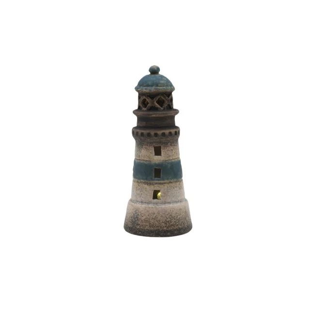 LED-es kerámia világítótorony kék-bézs 4,3x4,3x13 cm