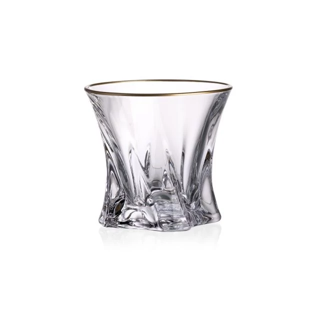 Whisky tumbler pohár szett COOPER üveg átlátszó, színes talppal, arany szegéllyel 9,5 cm 6 db